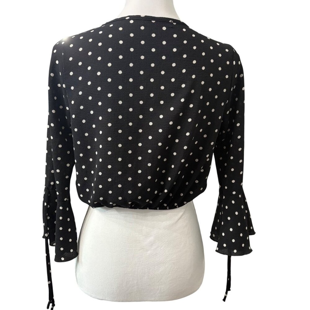 Modern Romantic Black Polka Dot Coquette Chic Crop Top W/ Bell Sleeves Clé Luv S - Picture 3 of 13